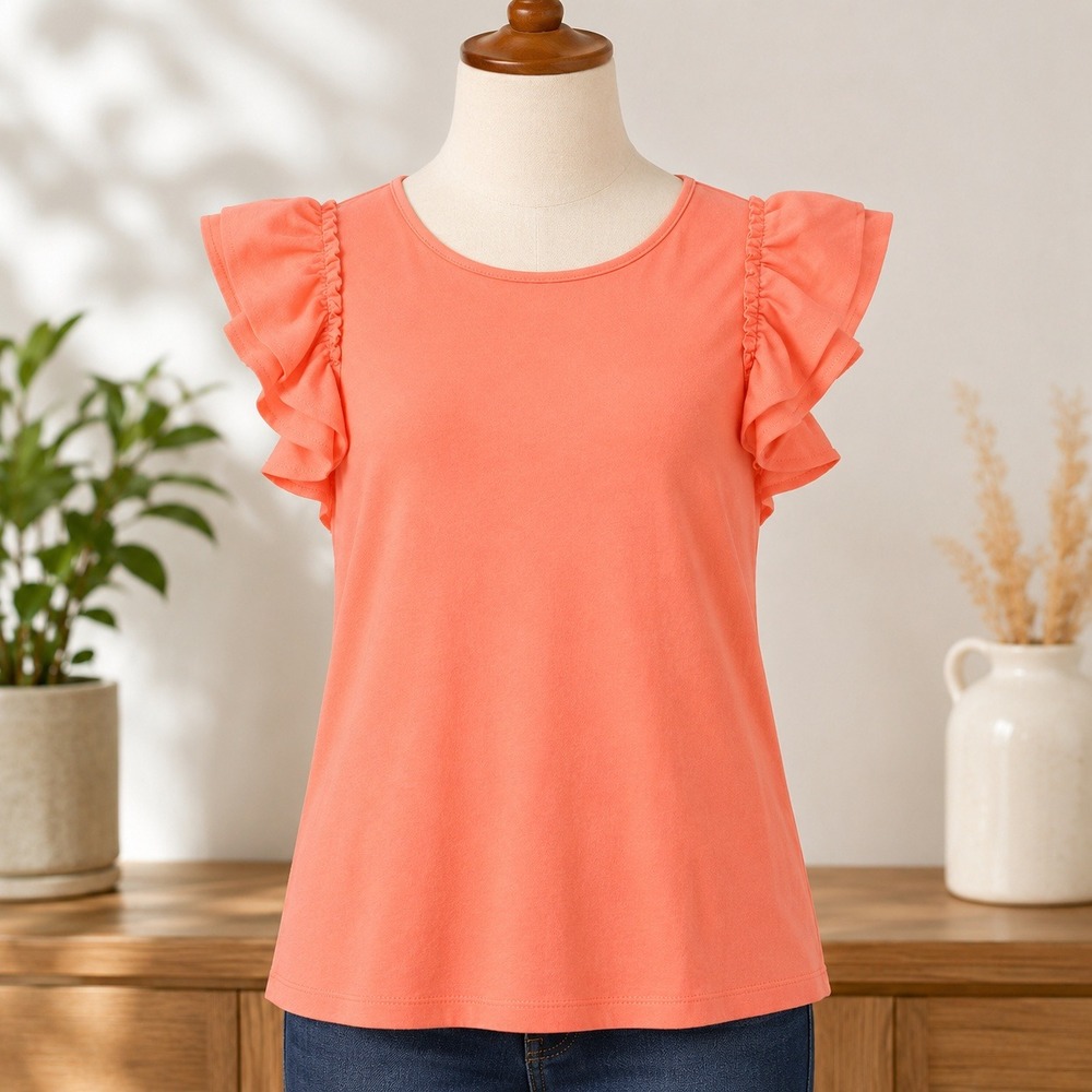 NWT CeCe Ruffle Sleeve Top Womens Medium Cameo Coral Knit Crew Neck 7031619